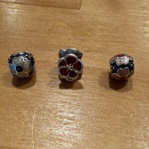 Silver Floral Pandora Charm Beads with Colored Accents